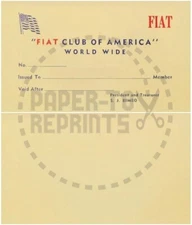 FIAT CLUB OF AMERICA WORLD WIDE MEMBERSHIP CARD - VINTAGE REPRINT