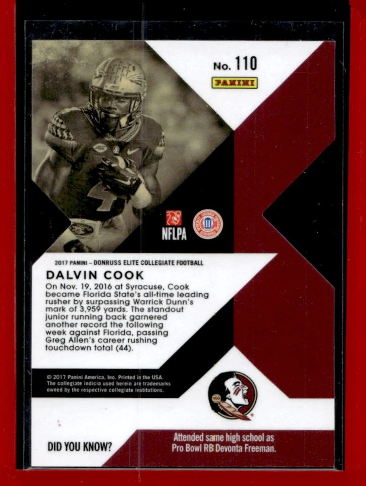 2017 Elite Draft Picks Dalvin Cook RC Red Die Cut Rookie #42/49 Seminoles - Image 2 of 2