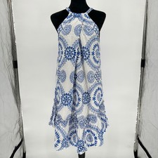 Trina Turk Kori White Halter Blue Eyelet Embroidery Short Dress Boho Chic Medium