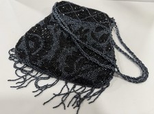 Vintage Black Beaded Evening Handbag Intricate Design Beaded Handles Loop Fringe