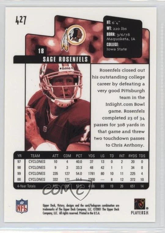 2001 Upper Deck Victory Victory Rookies Sage Rosenfels #427 Rookie RC - Image 2 of 2