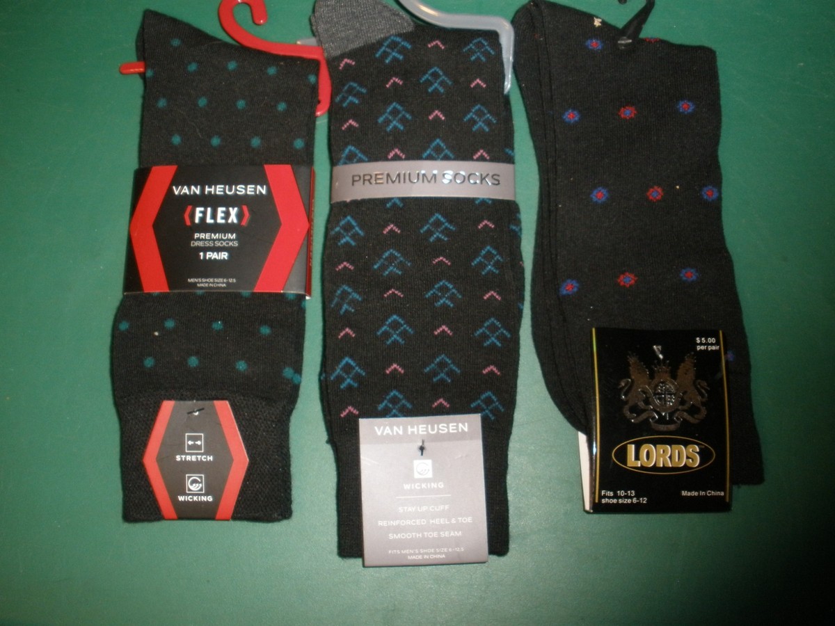 NEW Lot of 3 Men's Dress Socks Van Heusen and Lords Black with Designs