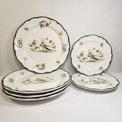 (6) Vintage Varages Plates - Vieux Provence Bird Green Trim - 4 Dinner 2 Salad