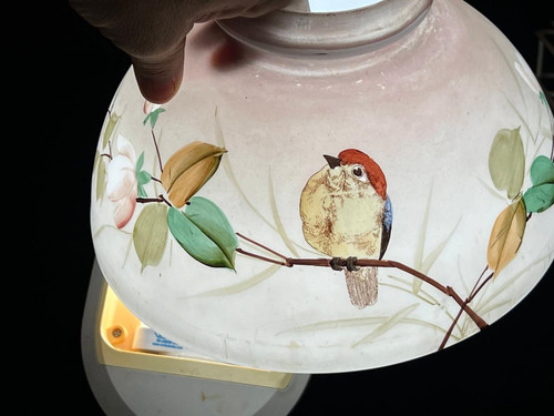 Antique Hand Painted Flowers Branch Bird 10" Kerosene Oil Dome Glass Lamp Shade