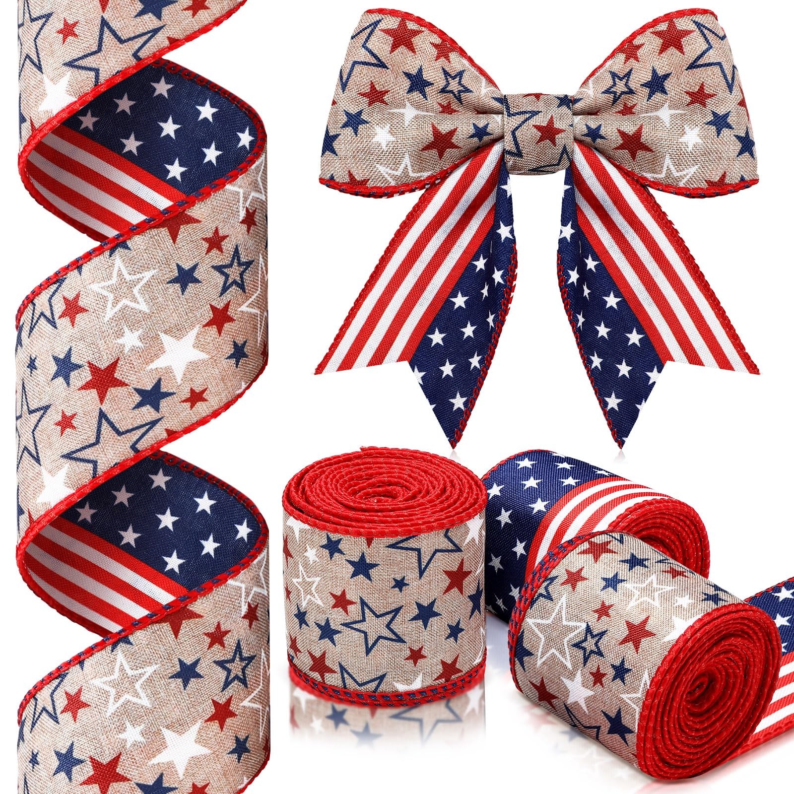 3 Rolls Patriotic Ribbons Flag Double Sided Star Striped Wired Ribbon Red Blu...