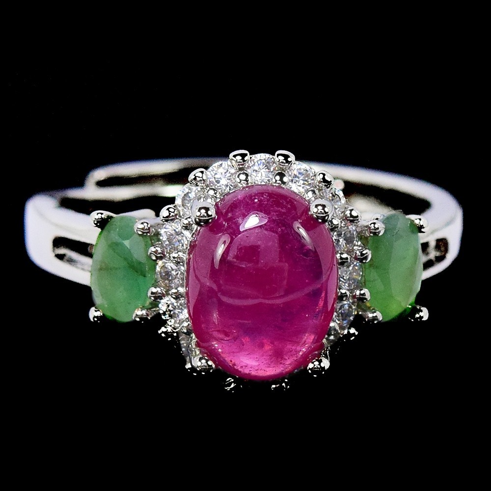 Genuine Pink Red Ruby, Green Emerald & White Cz Sterling 925 Silver Ring 7.75-8