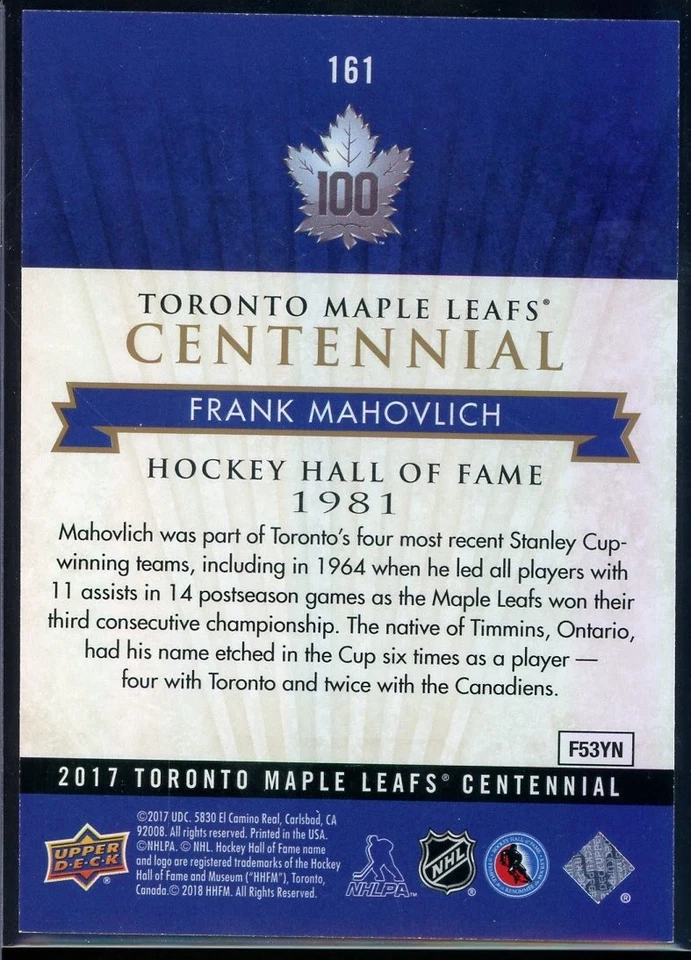 2017-18 Toronto Maple Leafs Centennial Gold #161 Frank Mahovlich 051/100 - Image 2 of 2