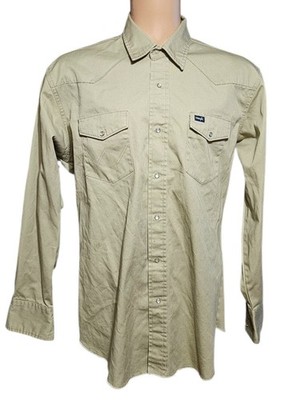Vtg Wrangler Shirt Brushpopper Tan Pearl Snap Men XL Western Work Cowboy Landman