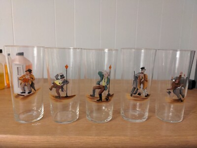 5 VINTAGE CZECHOSLOVAKIAN HAND PAINTED GLASS TUMBLERS  6'' - TIPSY DRUNKS crystal