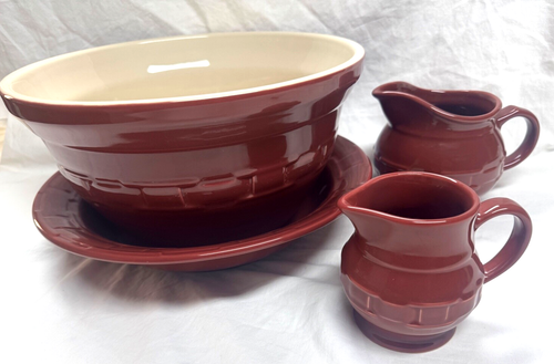 LONGABERGER POTTERY SET OF 4 - CRANBERRY / RED LARGE MIXING BOWL & SERVING BOWL - 第 1/24 張圖片