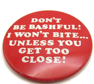Vintage ''Don't Be Bashful I Won't Bite'' Pinback Button Red Funny Slogan Badge