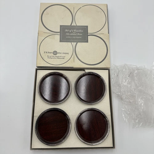 VTG Set of 4 F B Rogers Silver Co 1883 Silver Plated Faux Wood Lined Coaster NIB