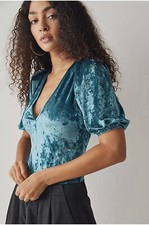 Free People Don't You Wish Bodysuit Top Womens Small Teal Velvet Deep V Neck NEW