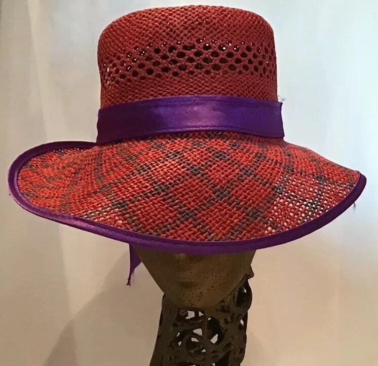 Sombrero de Paja Vintage Sombrero para el Sol Rojo Púrpura Cinta Visera Ajustable Playa Foto 2 de 4