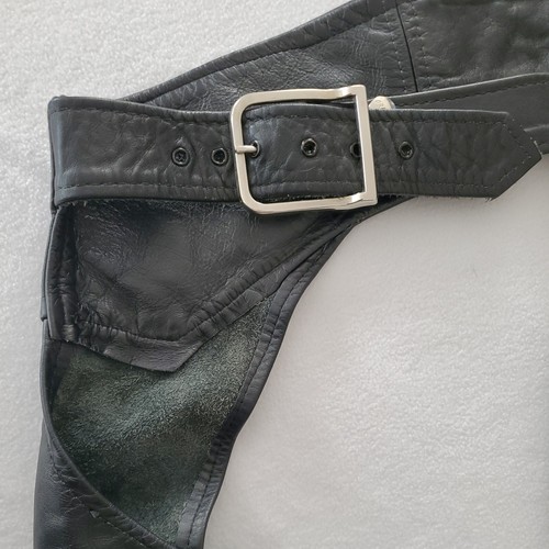 BROOKS Sportswear Black Leather Motorcycle Chaps Size XS Zip & Snap Made in USA - Picture 6 of 14