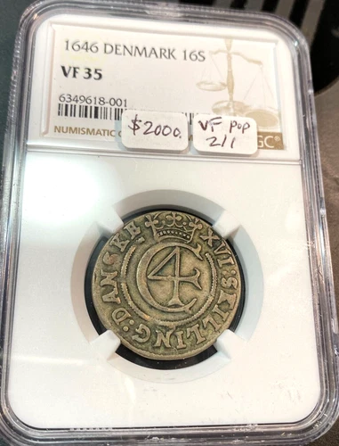 1646 Denmark 16 Skilling NGC VF35 Scarce Looks XF New Slab CHRC
