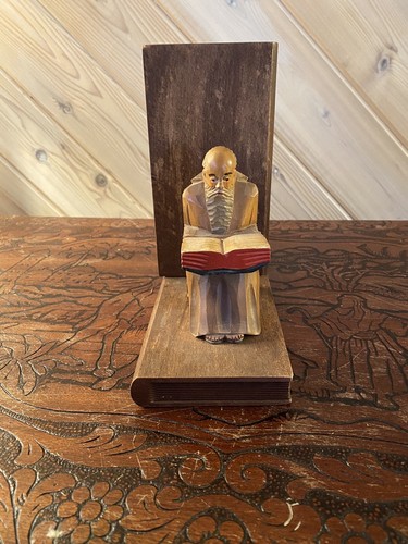 Vintage Hand Carved Old Wise Monks Reading Book Ends Solid Wood Midcentury - Picture 4 of 12