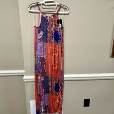 Cocomo Sz S Orange & Blue Boho Print Maxi Dress/ Swim Cover NWT Sleeveless 
