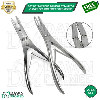 2 Pcs Ruskin Bone Rongeur Straight & Curved Set 3mm Bite 6'' Orthopedic German Gr
