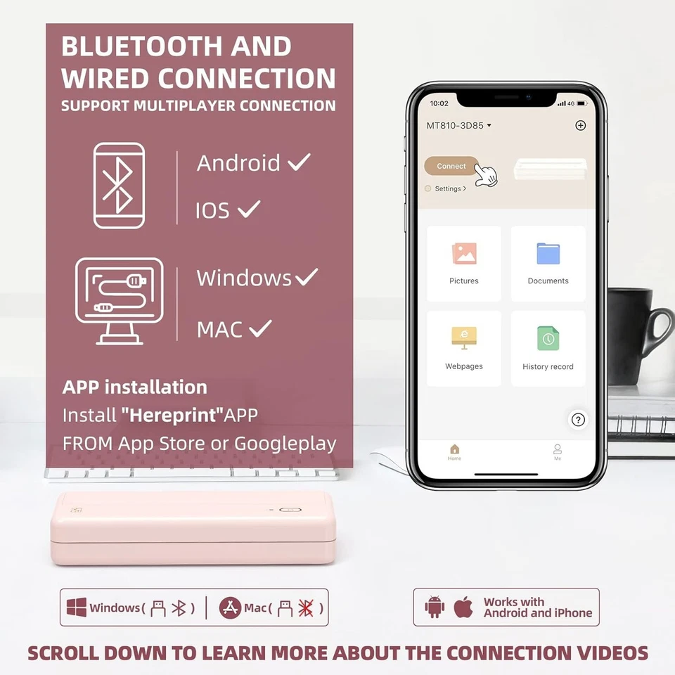 HPRT Wireless Portable Printer, Bluetooth Thermal Printer, iOS / Android, Pink - Image 4 of 4