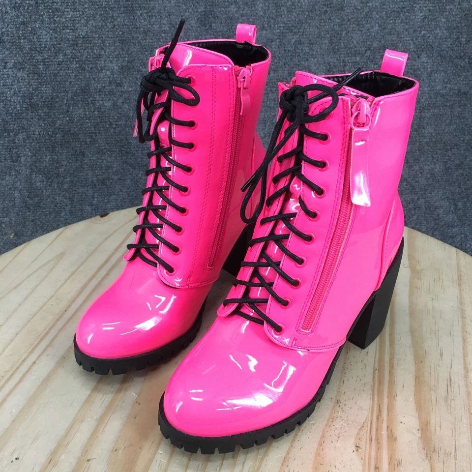 Top Moda Botas Mujer 6.5 Botín Rosa Charol Con Cordones Tacones Bloque Foto 3 de 4