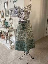 Vtg 1970 s Hand Made Green Crochet Skirt Pom Pom Pull Strings See Measuremsnts