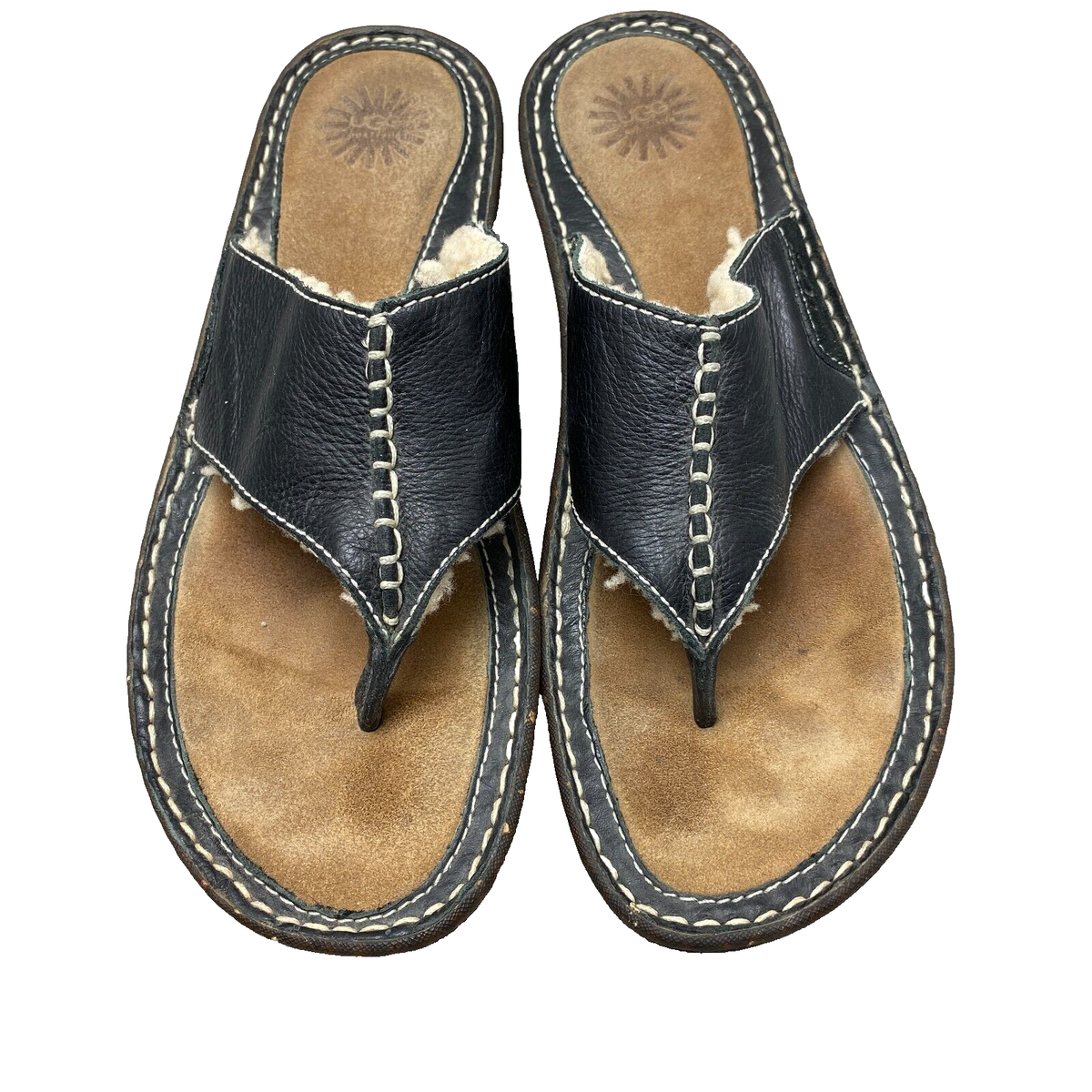 Ugg Flip Flops Women's 11 Sandals Slippers Shearling Lined Thong Black  Leather | eBay