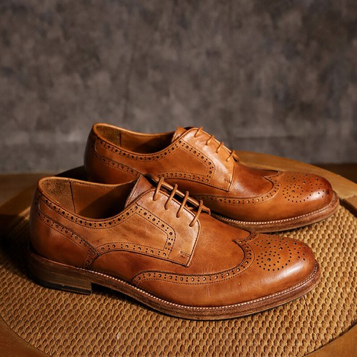 Zapatos derby de vestir formales caldos de cuero real con cordones punta de ala tallada retro para hombre - Imagen 2 de 20