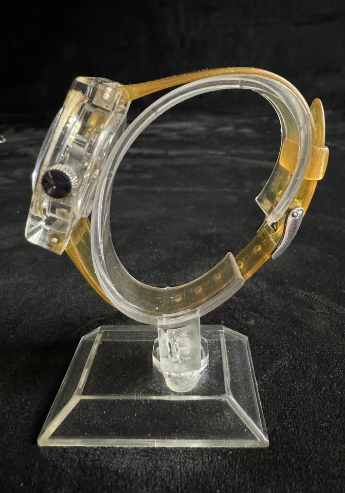 Vintage Chateau Swiss Acrylic Case Watch Blue Dial Clear Band Unisex Retro 1970s - image 4 of 4