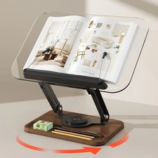 Acrylic Book Stand for Reading, 360°Rotating Book Holder with Pen Slot, Adjustab