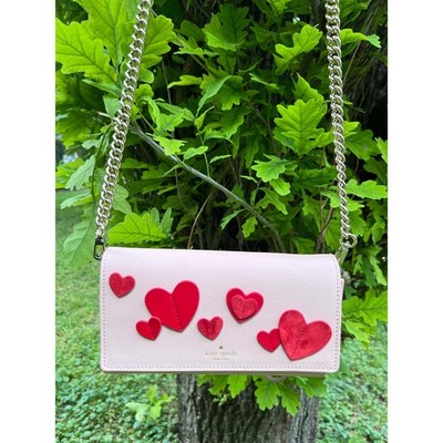 Kate Spade Crossbody Clutch Women Small Pink Heart Applique Chain Strap