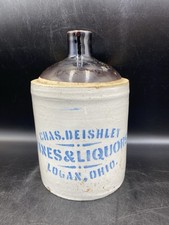 Logan OHIO Stoneware Advertising Liquor Jug Chas Deishley