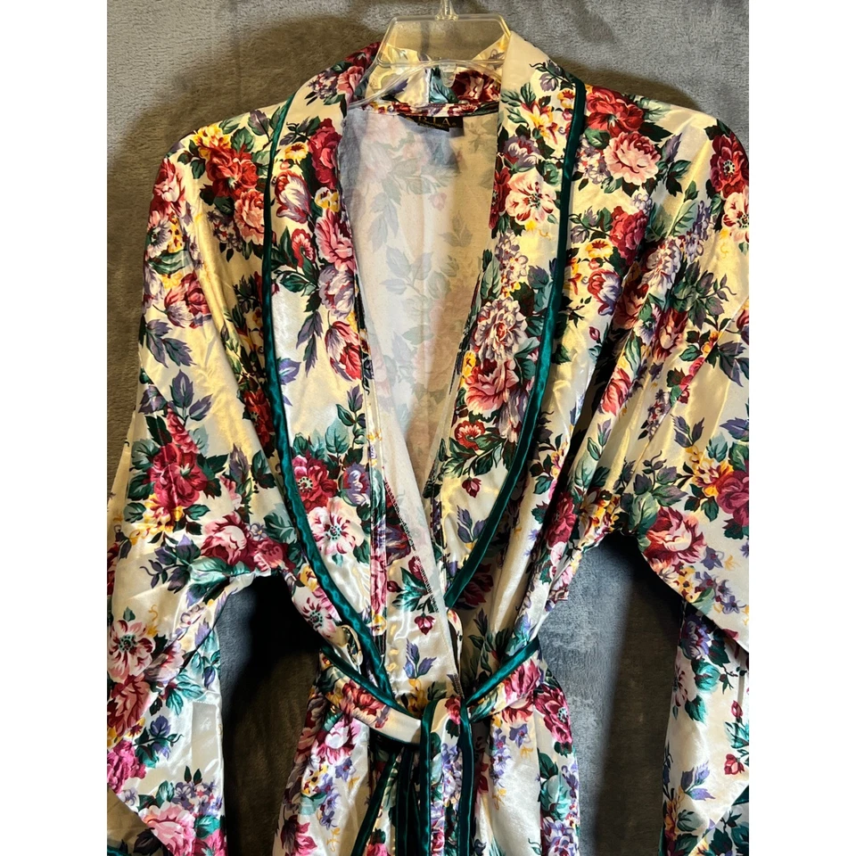 Aria L Vintage Floral Satén Bata Largo Kimono Cinturón Salón Peonía Estampado Cinturón Años 90 Foto 2 de 4