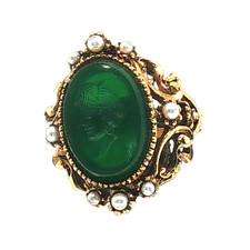 Vintage Victorian Green Glass Cameo Adjustable Ring Gold Tone Filigree Boho