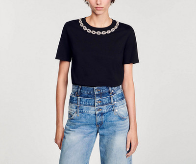 Sandro Women's T-Shirt Rhinestones FR 34 / US 2 XS SFPTS01102