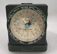 Vintage Equity  World Travel Alarm Clock Quartz Movement Black Folding Case