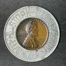 TONED COIN STORK CLUB New York Lucky Penny Encased Coin 1937 Lincoln Wheat Cent
