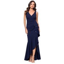 Betsy  Adam  Candace  Long V-Neck Hi Low Cascade Dress in Navy Size 8