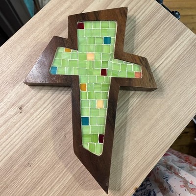 Mosaic Glass Tile Teak Folk Art 10'' Cross Crucifix Costa Rica