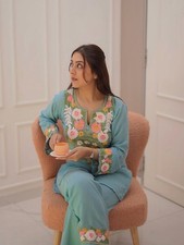 Women Pastel Blue Cotton Kurti Pant Set Embroidered Co Ord Set Indian Ethnic