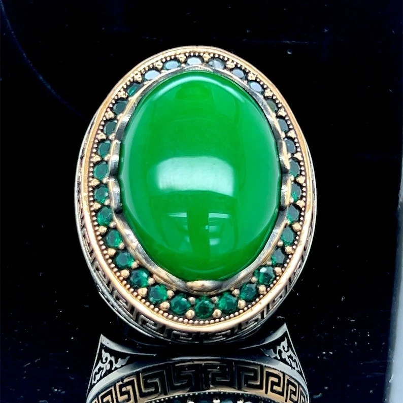 Мужчина зеленый нефрит камень серебро большой камень кольцо османский стиль вышитое кольцо - Изображение 2 из 4