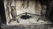 Antique Cast Iron Owl Andirons W/ Glass Amber Eyes Fireplace Andirons 13" OVO