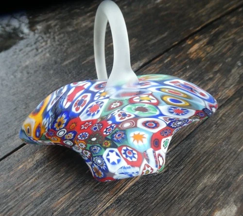 Vintage Murano Millefiori Basket Clear Satin Glass Handle