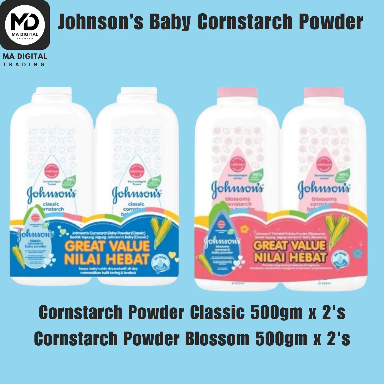 Johnson’s Baby Cornstarch Powder 500g x4 Talc Free 2x Classic 2x Blossom
Opens in a new window or ta