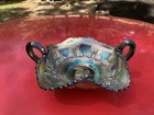 Antique Fenton Carnival Glass Green Butterfly Bonbon Candy Dish w/ Handles