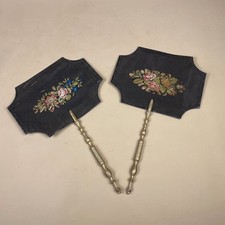 Antique Face Screen Handheld Embroidered Floral Heat Protector Black Gold Handle