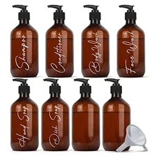 Plastic Amber Bottles with Pump & Funnel for Easy Refill, 8 Pack - 16oz
