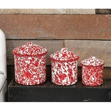 New Farmhouse RED WHITE SPATTER ENAMEL CANISTER SET Coffee Tea Sugar 3pc