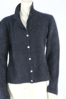 Tahari Vintage Black Fuzzy Knit Button Down V Neck Cardigan Sweater Size S 