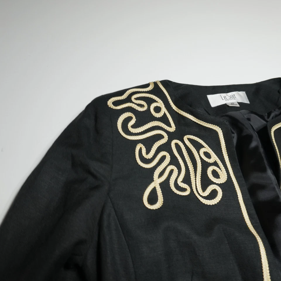 Le 西装夹克女式 6P 黑色带金色花边独特装饰华丽西装外套职业 — 第 2/4 张图片